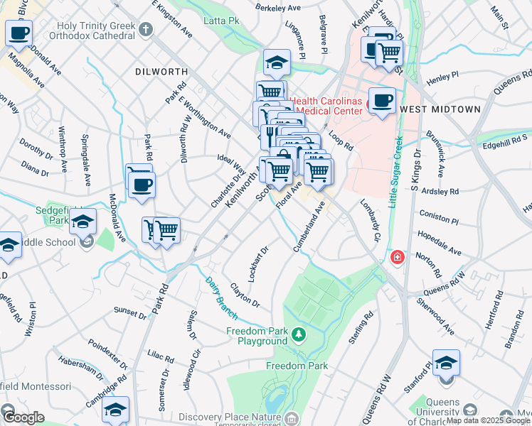 map of restaurants, bars, coffee shops, grocery stores, and more near 2016 Floral Avenue in Charlotte