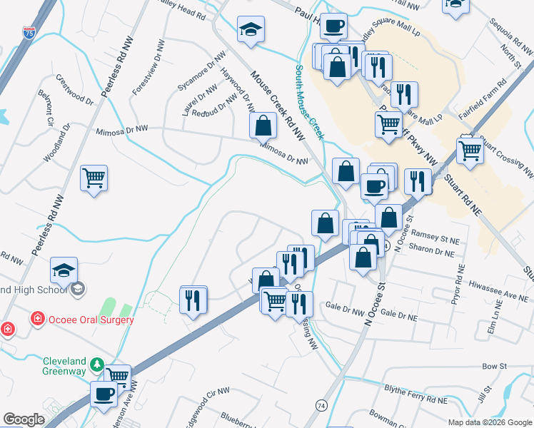 map of restaurants, bars, coffee shops, grocery stores, and more near 3801 Woodcrest Circle Northwest in Cleveland