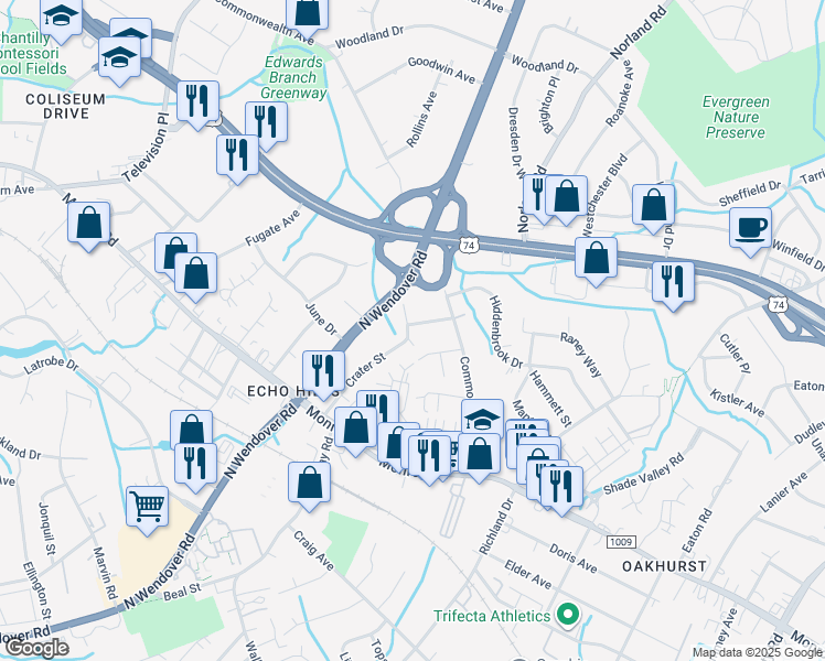 map of restaurants, bars, coffee shops, grocery stores, and more near 1100 Brookhurst Drive in Charlotte