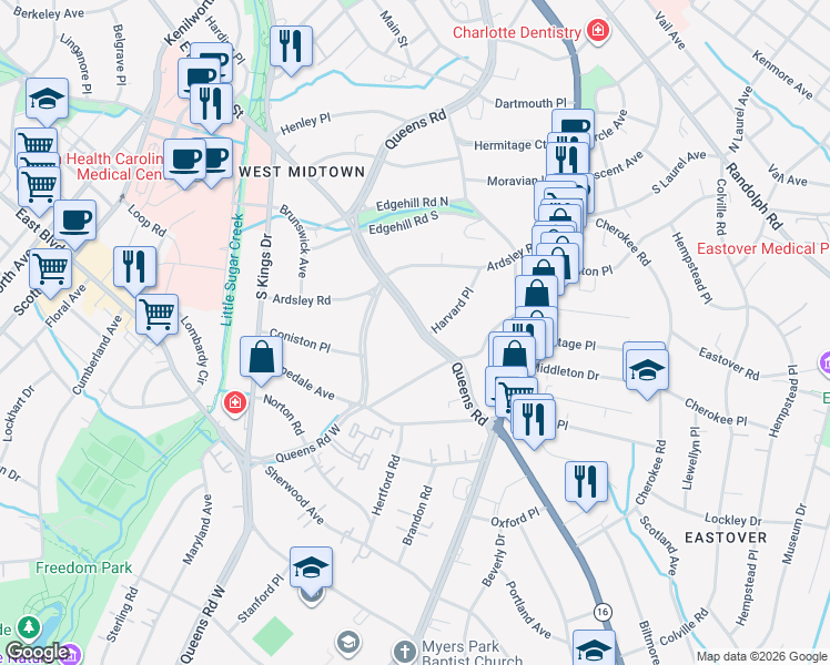 map of restaurants, bars, coffee shops, grocery stores, and more near 1198 Queens Road in Charlotte