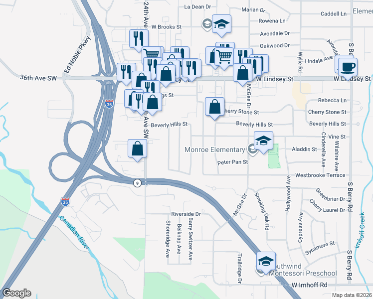 map of restaurants, bars, coffee shops, grocery stores, and more near 1526 Pecan Avenue in Norman