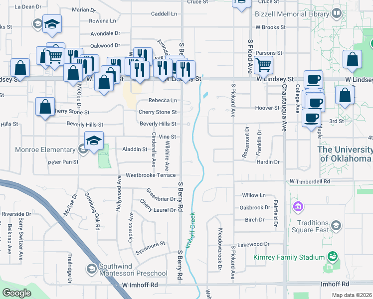 map of restaurants, bars, coffee shops, grocery stores, and more near 1609 South Berry Road in Norman