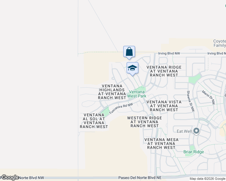 map of restaurants, bars, coffee shops, grocery stores, and more near 8019 Pony Hills Place Northwest in Albuquerque