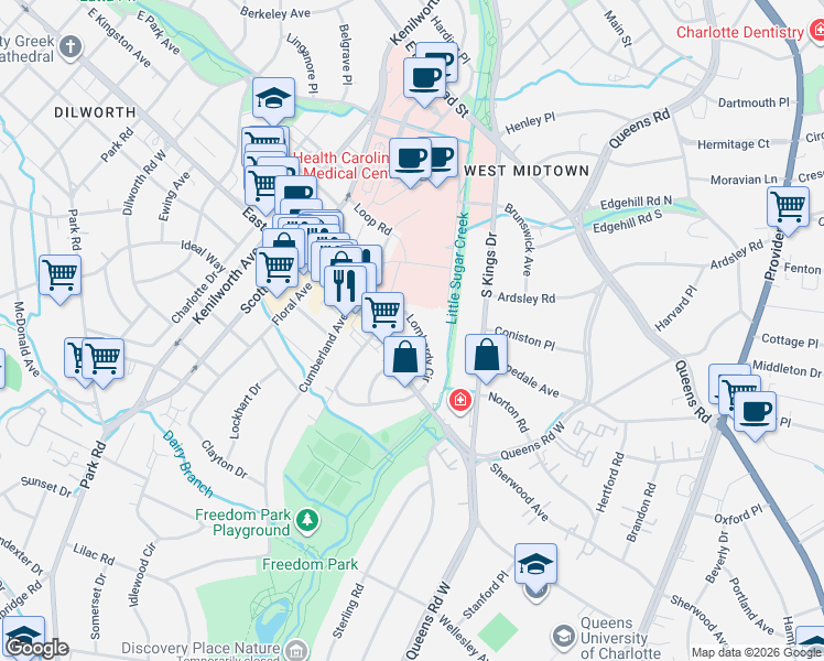 map of restaurants, bars, coffee shops, grocery stores, and more near 1713 Lombardy Cir in Charlotte