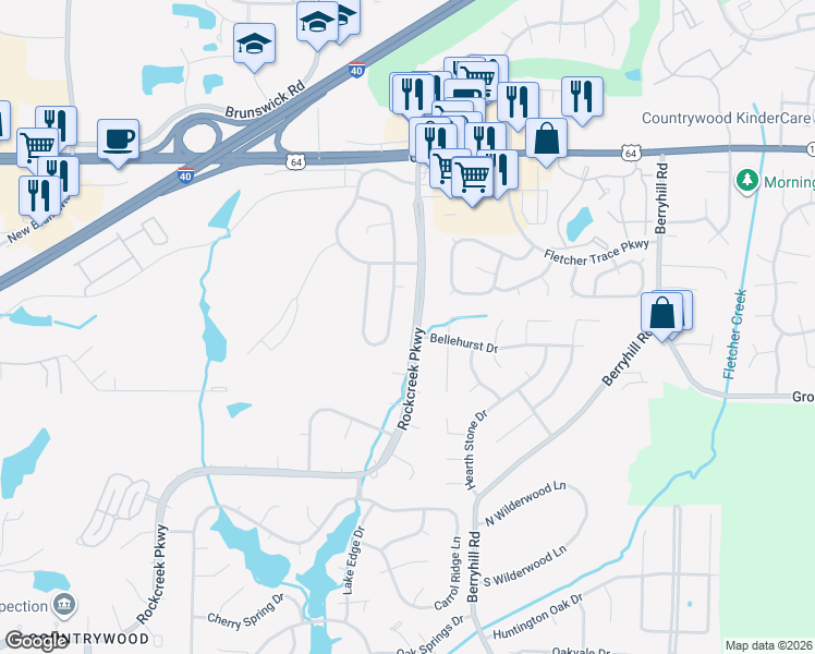 map of restaurants, bars, coffee shops, grocery stores, and more near 2701 Rockcreek Parkway in Memphis