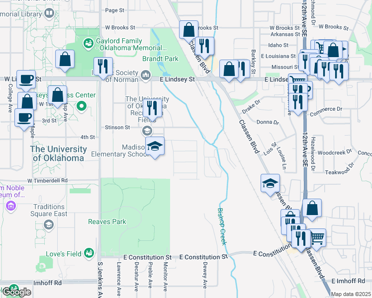 map of restaurants, bars, coffee shops, grocery stores, and more near 511 Manor Drive in Norman