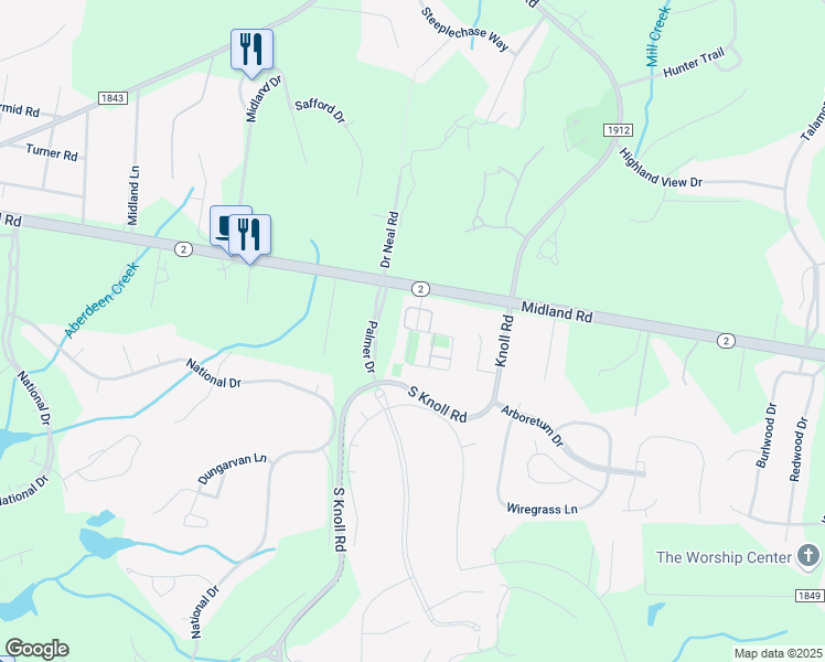 map of restaurants, bars, coffee shops, grocery stores, and more near 100 Manning Square in Southern Pines