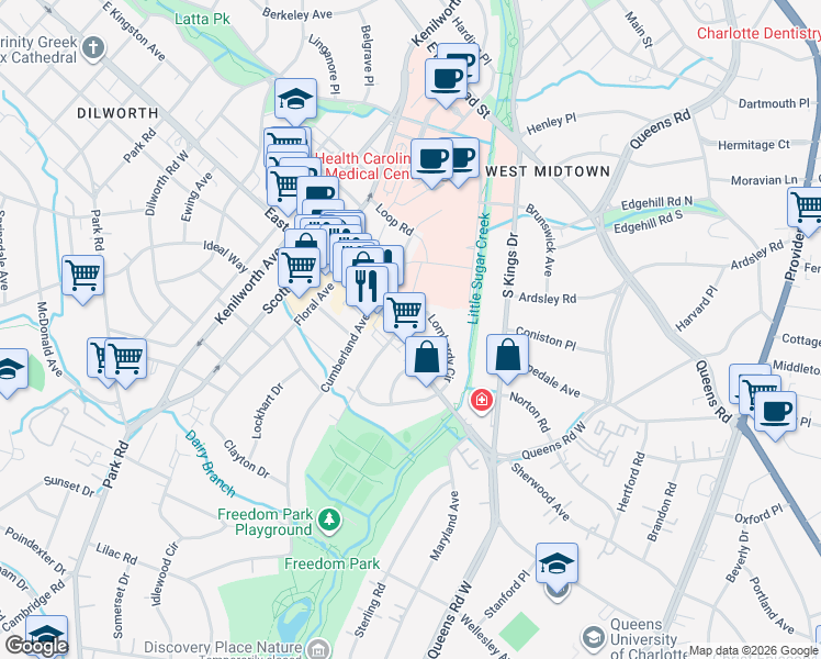 map of restaurants, bars, coffee shops, grocery stores, and more near 1717 Lombardy Circle in Charlotte