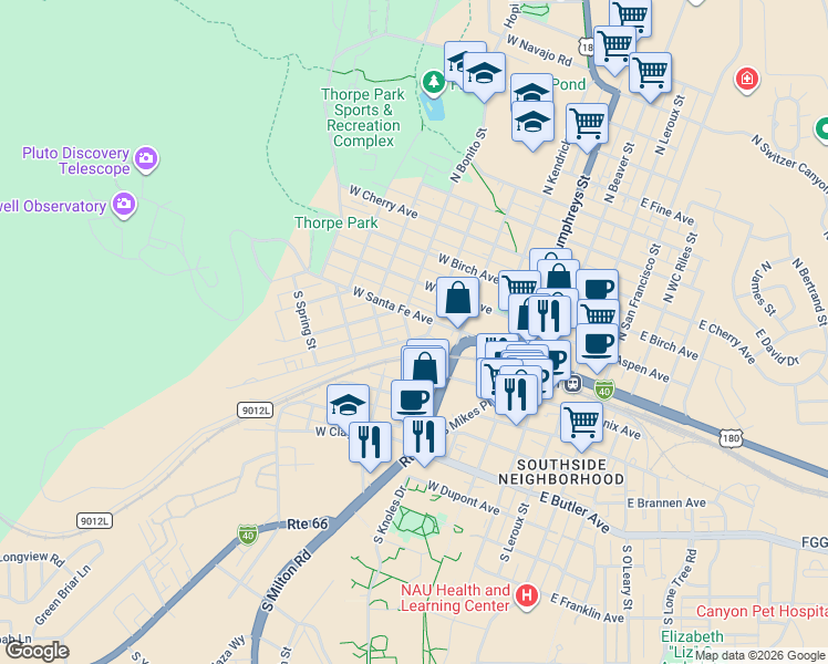 map of restaurants, bars, coffee shops, grocery stores, and more near 501 West Santa Fe Avenue in Flagstaff