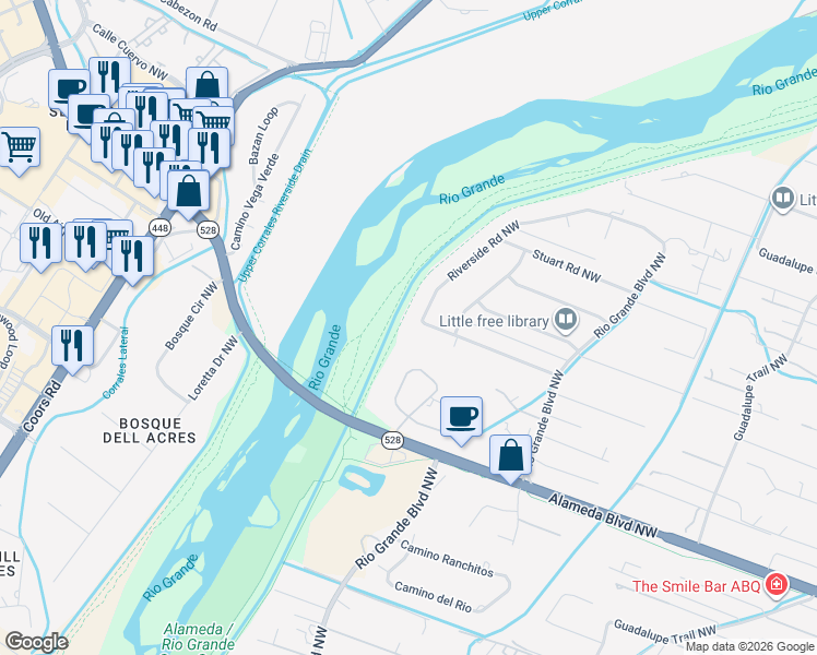 map of restaurants, bars, coffee shops, grocery stores, and more near 1252 Western Meadows Road Northwest in Albuquerque