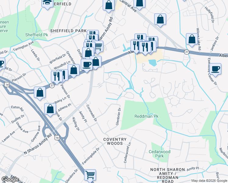map of restaurants, bars, coffee shops, grocery stores, and more near 2840 Iron Gate Lane in Charlotte