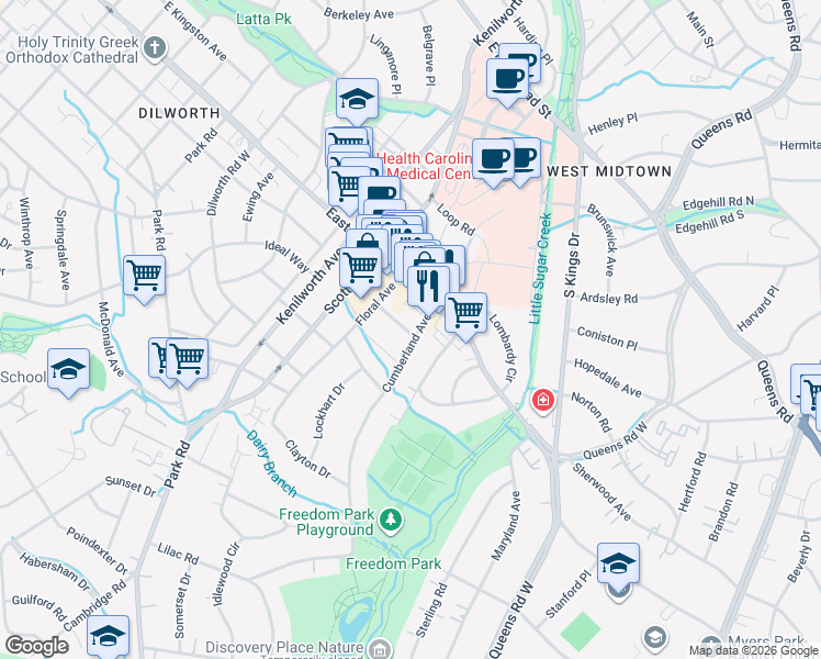 map of restaurants, bars, coffee shops, grocery stores, and more near 1828 Cumberland Avenue in Charlotte