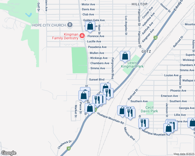map of restaurants, bars, coffee shops, grocery stores, and more near 1943 Sunset Blvd in Kingman