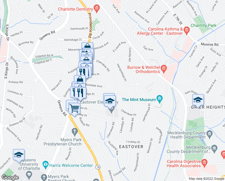 map of restaurants, bars, coffee shops, grocery stores, and more near 300 Cherokee Road in Charlotte
