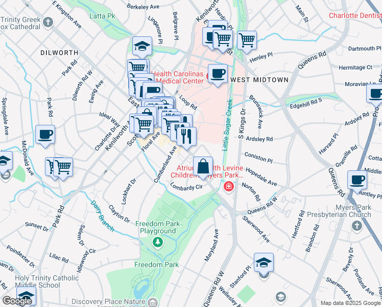 map of restaurants, bars, coffee shops, grocery stores, and more near East Boulevard & Lombardy Circle in Charlotte