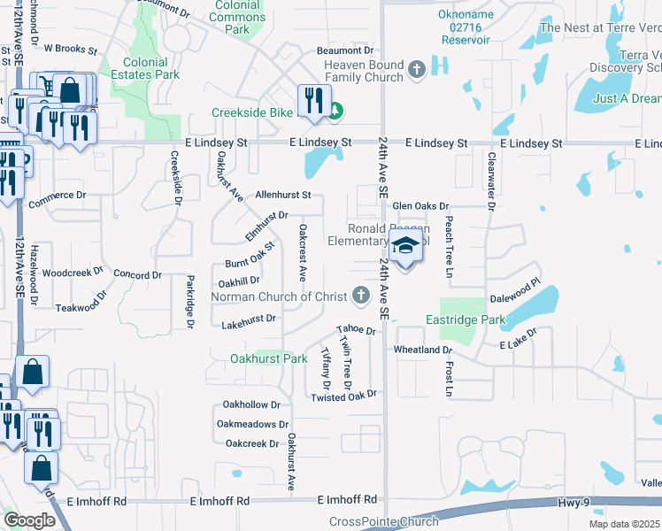 map of restaurants, bars, coffee shops, grocery stores, and more near 1609 Rolling Stone Drive in Norman