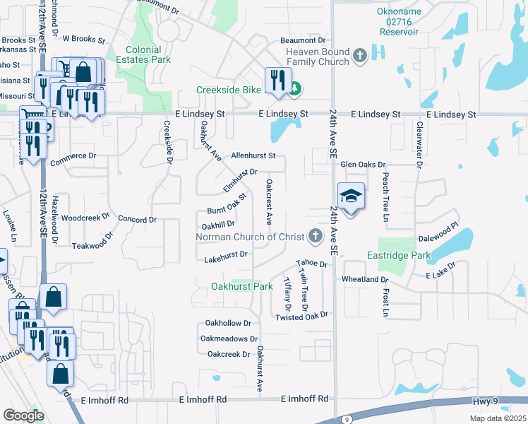map of restaurants, bars, coffee shops, grocery stores, and more near 1510 Oakcrest Avenue in Norman