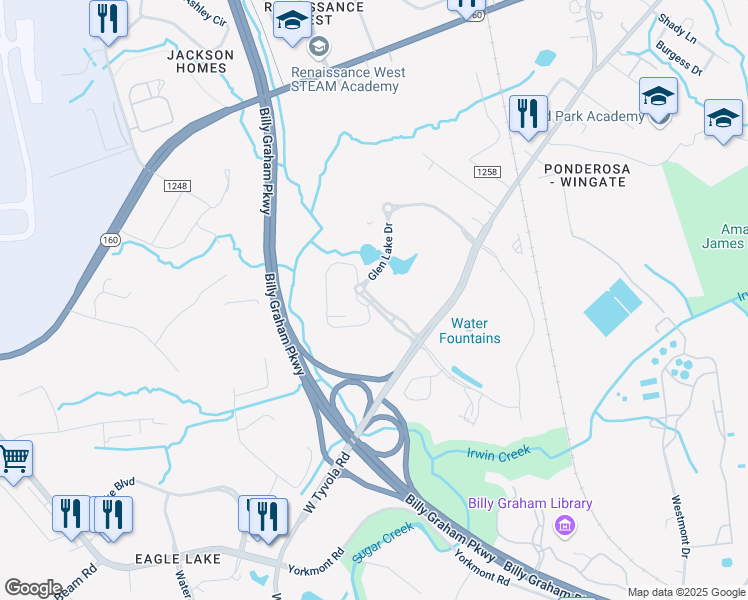 map of restaurants, bars, coffee shops, grocery stores, and more near 2398 Cascade Pointe Boulevard in Charlotte