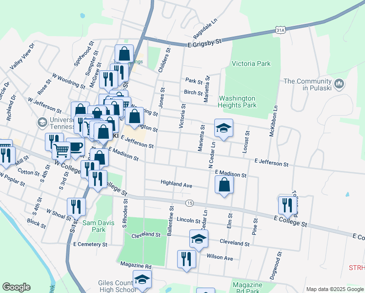 map of restaurants, bars, coffee shops, grocery stores, and more near 522 East Jefferson Street in Pulaski