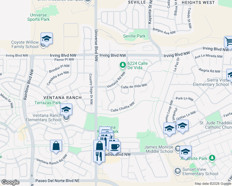 map of restaurants, bars, coffee shops, grocery stores, and more near 10116 Calle Bella NW in Albuquerque