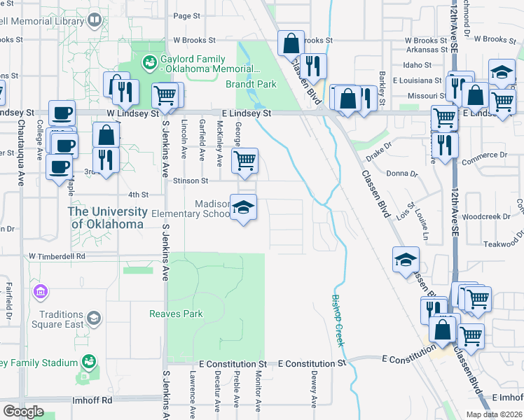 map of restaurants, bars, coffee shops, grocery stores, and more near 1510 Bedford Lane in Norman