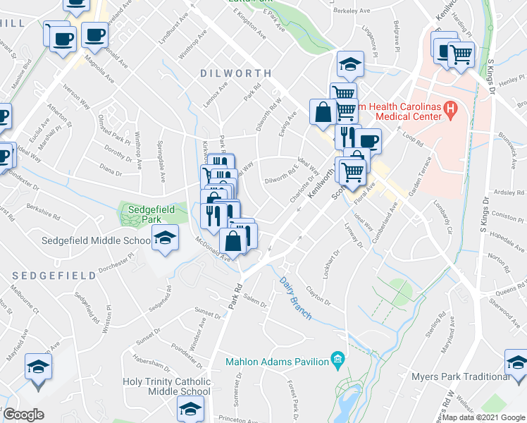 map of restaurants, bars, coffee shops, grocery stores, and more near 2221 Ledgewood Lane in Charlotte