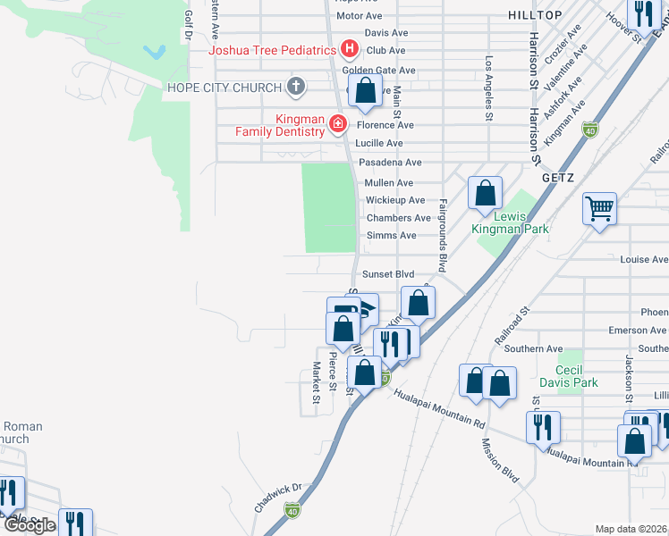 map of restaurants, bars, coffee shops, grocery stores, and more near 1805 Sunset Boulevard in Kingman