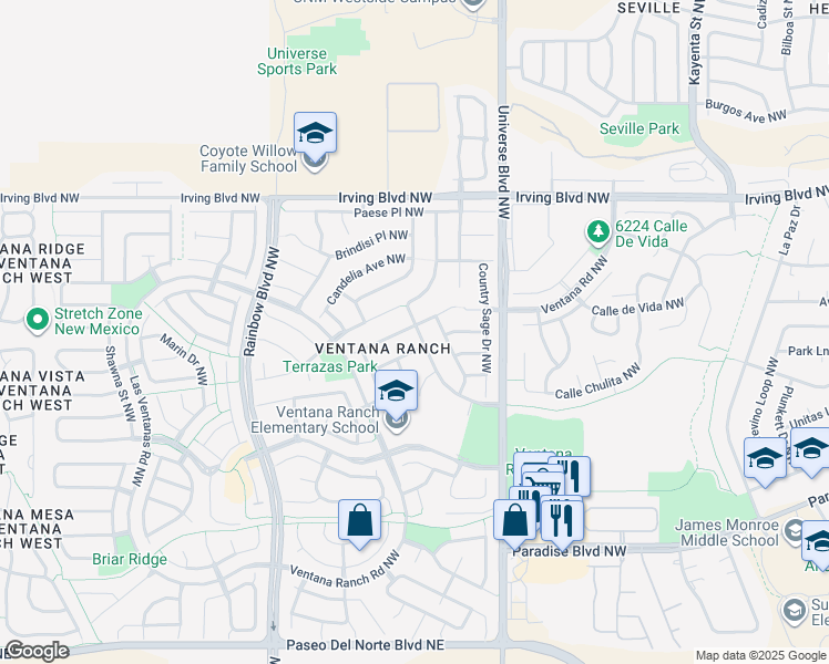map of restaurants, bars, coffee shops, grocery stores, and more near 6800 Deerbourne Road in Albuquerque