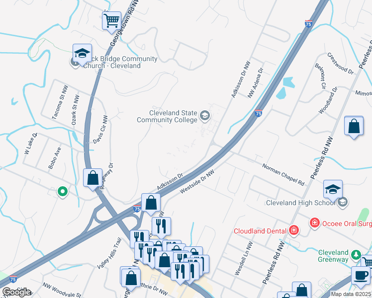 map of restaurants, bars, coffee shops, grocery stores, and more near 3535 Adkisson Drive Northwest in Cleveland