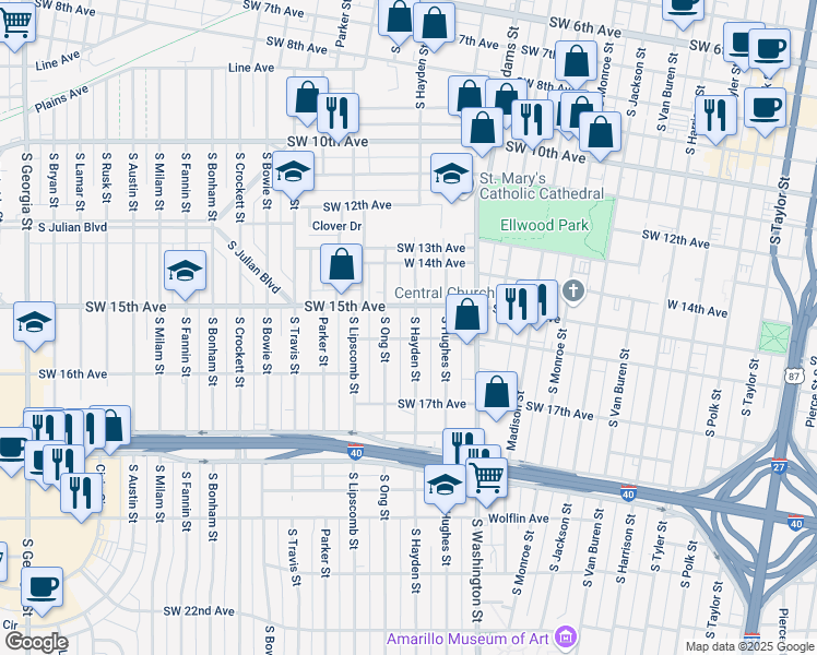 map of restaurants, bars, coffee shops, grocery stores, and more near 1506 South Hayden Street in Amarillo