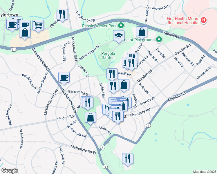 map of restaurants, bars, coffee shops, grocery stores, and more near 295 Magnolia Road in Pinehurst