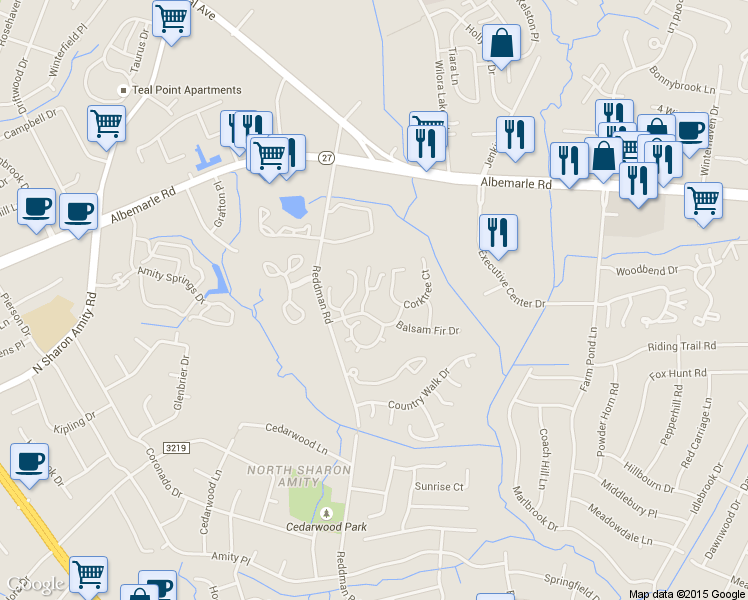 map of restaurants, bars, coffee shops, grocery stores, and more near 6067 Pinebark Court in Charlotte