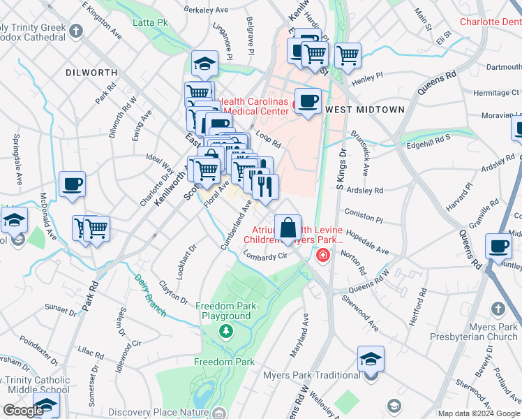 map of restaurants, bars, coffee shops, grocery stores, and more near in Charlotte