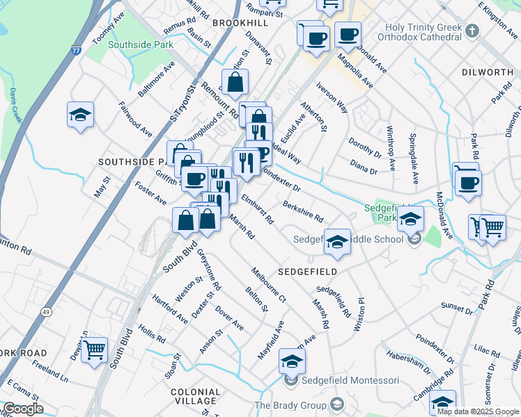 map of restaurants, bars, coffee shops, grocery stores, and more near 301 Berkshire Road in Charlotte