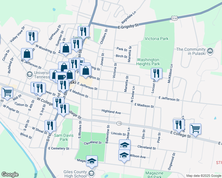 map of restaurants, bars, coffee shops, grocery stores, and more near 522 East Jefferson Street in Pulaski