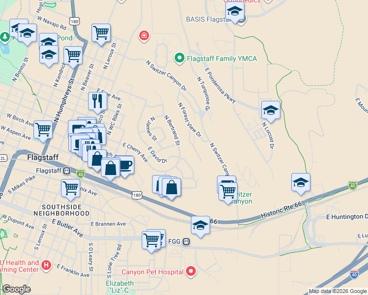 map of restaurants, bars, coffee shops, grocery stores, and more near 400 North Bertrand Street in Flagstaff