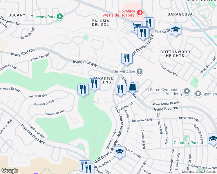 map of restaurants, bars, coffee shops, grocery stores, and more near 10101 Loveland Drive Northwest in Albuquerque