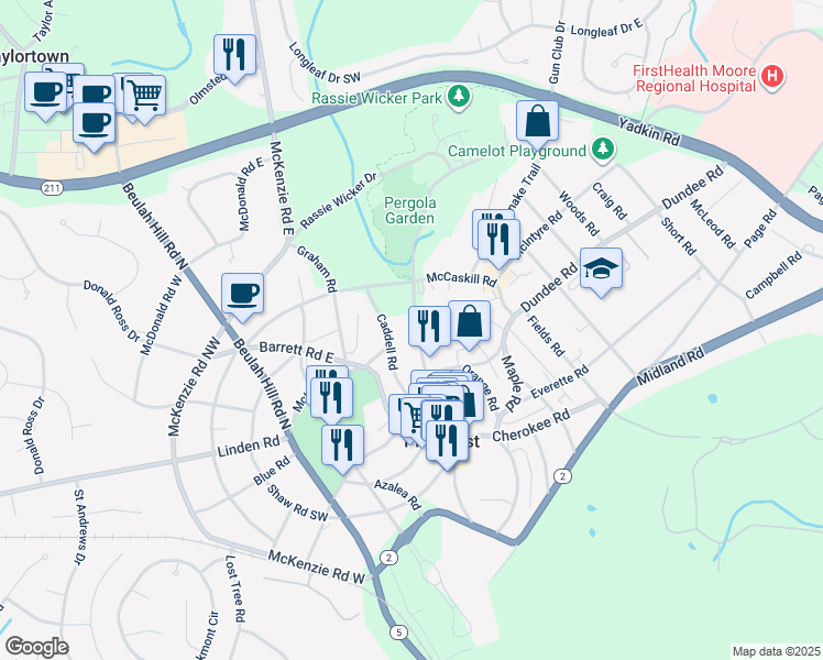 map of restaurants, bars, coffee shops, grocery stores, and more near 295 Magnolia Road in Pinehurst