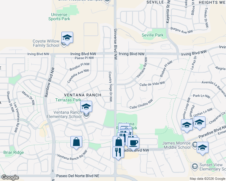 map of restaurants, bars, coffee shops, grocery stores, and more near 10268 Country Sage Drive Northwest in Albuquerque