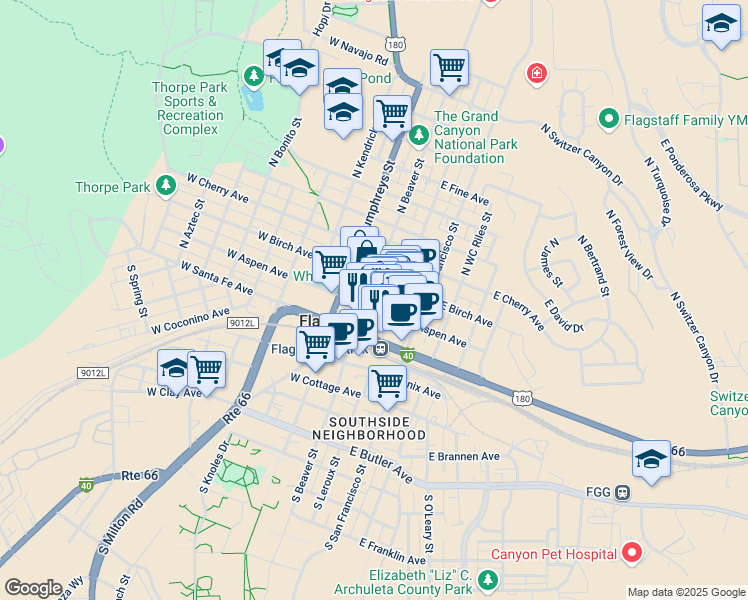 map of restaurants, bars, coffee shops, grocery stores, and more near 24 West Aspen Avenue in Flagstaff