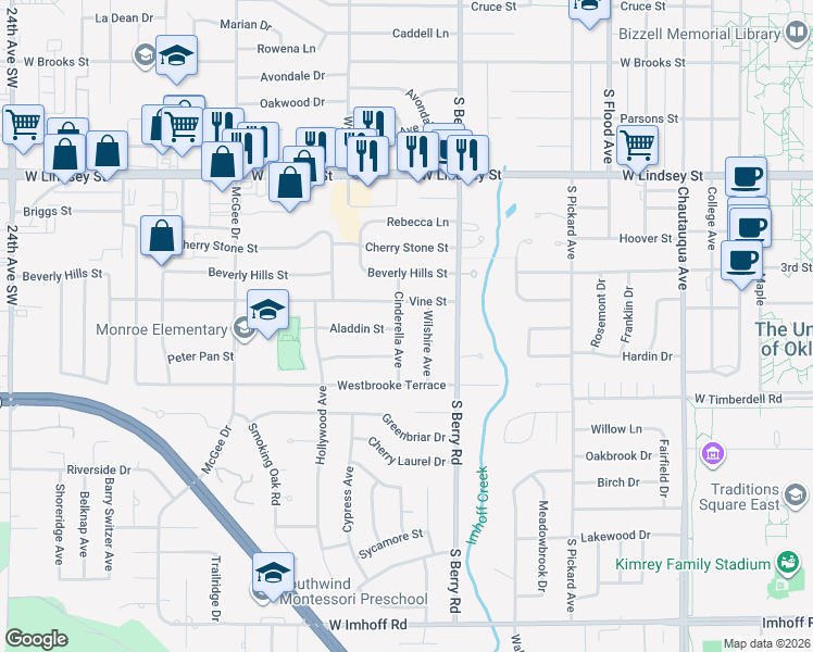 map of restaurants, bars, coffee shops, grocery stores, and more near 1605 Cinderella Avenue in Norman