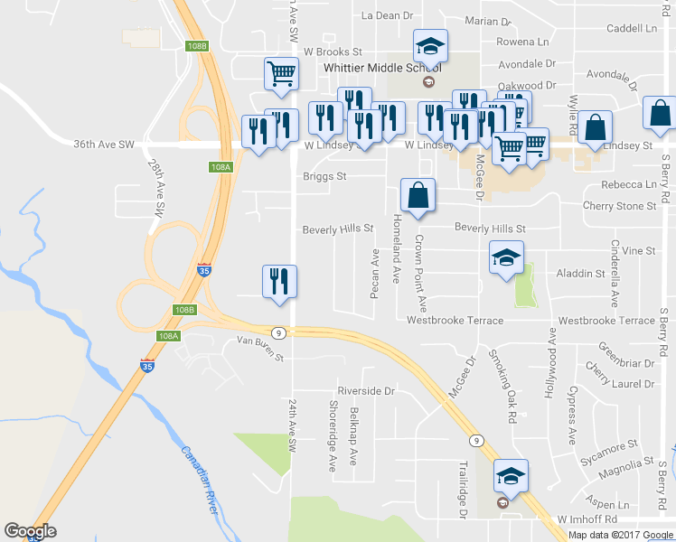 map of restaurants, bars, coffee shops, grocery stores, and more near 1515 Farmington Avenue in Norman