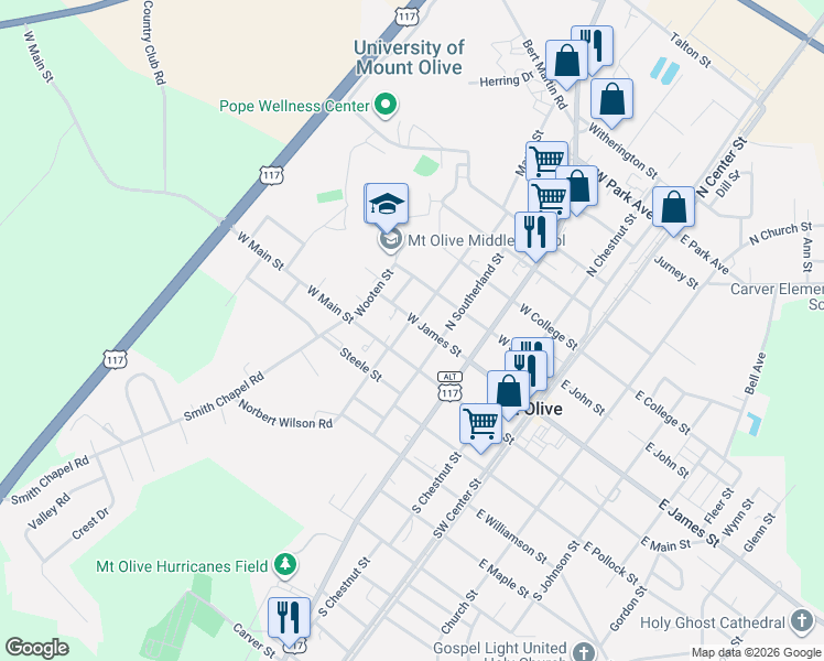 map of restaurants, bars, coffee shops, grocery stores, and more near 409 West James Street in Mount Olive