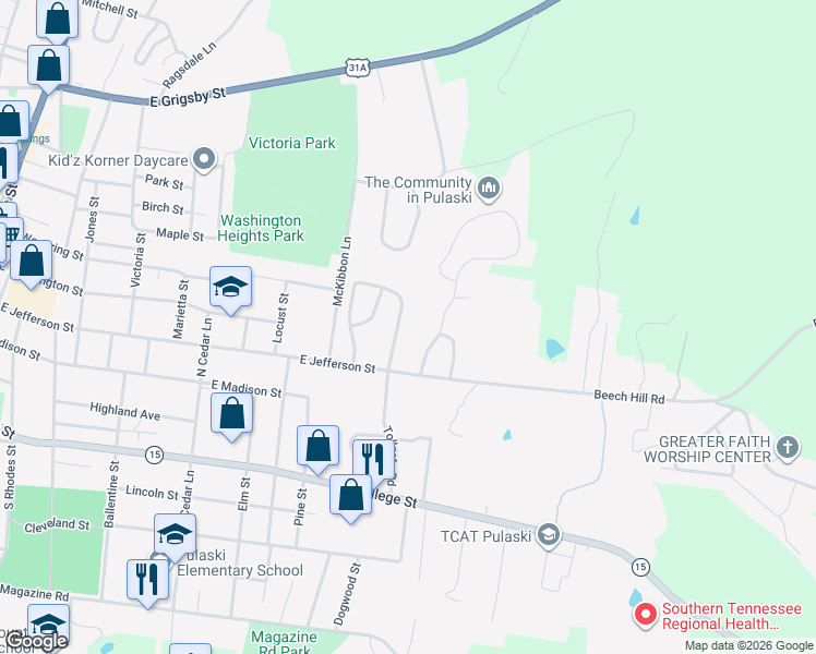 map of restaurants, bars, coffee shops, grocery stores, and more near 430 Longmeadow Circle in Pulaski