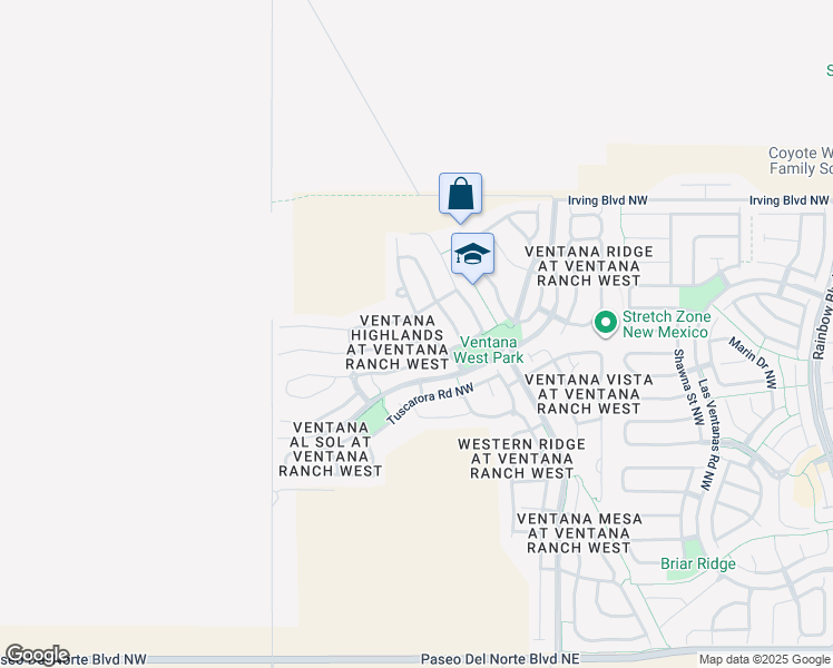 map of restaurants, bars, coffee shops, grocery stores, and more near 8005 Pony Hills Place Northwest in Albuquerque