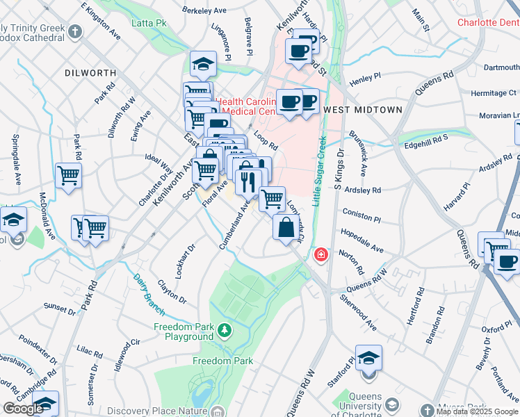 map of restaurants, bars, coffee shops, grocery stores, and more near 1620 East Boulevard in Charlotte