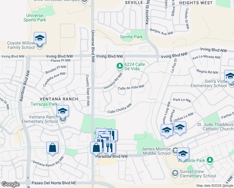 map of restaurants, bars, coffee shops, grocery stores, and more near 10116 Calle Bella Northwest in Albuquerque