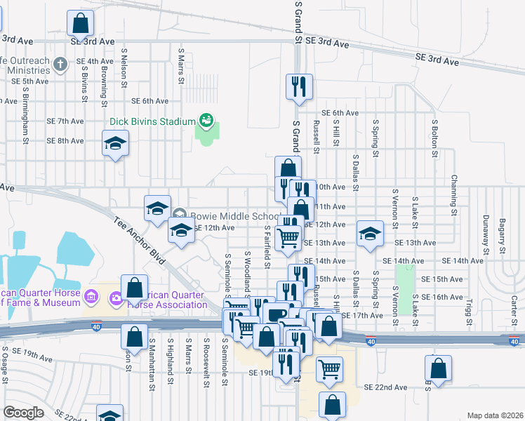 map of restaurants, bars, coffee shops, grocery stores, and more near 1100 South Fairfield Street in Amarillo