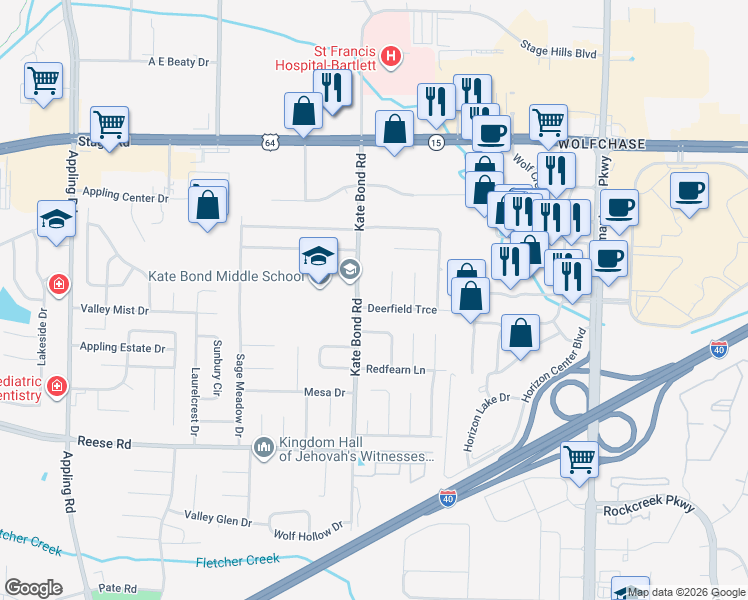 map of restaurants, bars, coffee shops, grocery stores, and more near 7828 Deerfield Trce in Memphis
