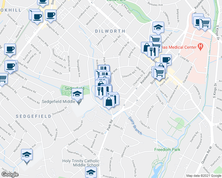map of restaurants, bars, coffee shops, grocery stores, and more near 2420 Charlotte Drive in Charlotte